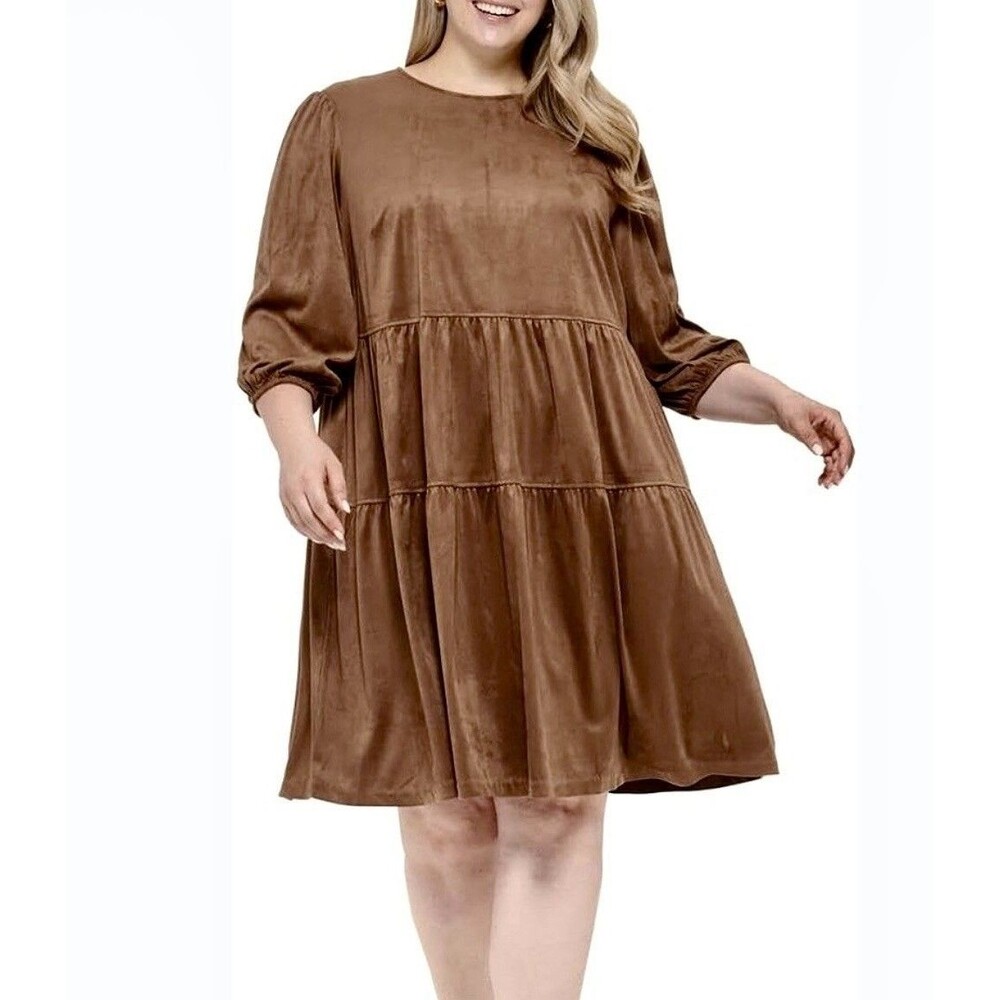 Tommy Hilfiger Women's 18W Tiered Dress Brown Velvet Long Sleeves Knee Length
